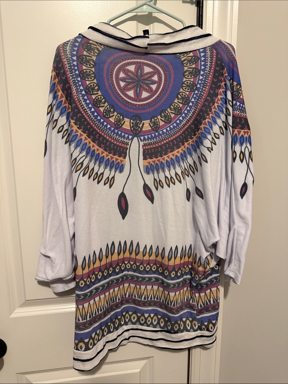 Casa Lee size Large Boho Tribal Feather Duster Kimono White, Blue & Purple